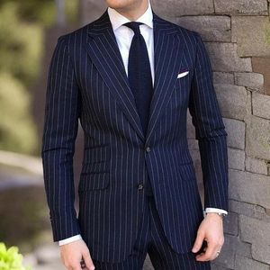 Men's Suits Pinstripe Navy Blue Single Breasted Notch Lapel Men Elegant Weddign Groom Outfits Set Custom Slim Fit 2 Piece Jacket Pants