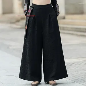 Etnik Giyim 2024 Çin Vintage Pantolon Ulusal Çiçek İşlemeli Geniş Bacak Pamuk Keten Jacquard Pantolon Elastik Bel
