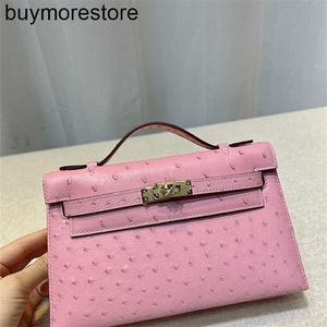 Kvinnors handväska 7A handgjorda rosa strutsskinn KL första generationen 22 cm handgjorda bröllop mini guldknapp