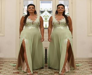 Light Green Plus Size Appliqued Prom Dresses Sheer V Neck Evening Gown A Line Split Side Chiffon Floor Length Formal Dress Abiye 21374208