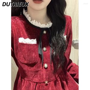 Casual Dresses Red French Round Neck Single-Breasted Dress Women's Autumn And Winter 2024 Year Christmas Wear Elegant Long