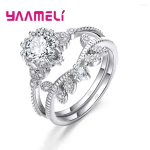 Cluster Rings Unique 925 Sterling Silver 2 Finger Bright Clear Crystal Cubic Zirconia Jewelry For Women Female Gift