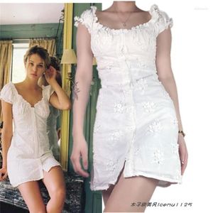 Casual Dresses French Retro Style Cotton White Embossed Embroidered Puff Sleeve Holiday Short Dress Slim Fit Skirt