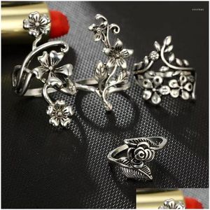 Klusterringar vintage forntida Sier Sen Vine lämnar Flower Rose Women Girl Charming Böhmen Antik färg Floral Knuckle Ring Drop Deli Dhn8h