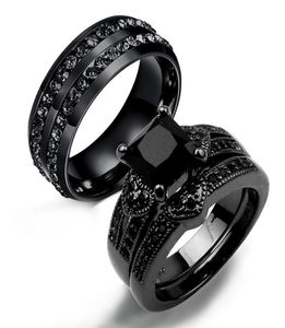Classic Men Womens Casal Rings Black Zirconia Stone Square noivado de casamento Faixa de dedos Aliance de Mariage Gift Cluster5278691