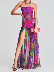 Vestido de metrô feminino Top Top Bohemian Print Leopard Strapless Mesh Slit Dress Long Dress Summer Beach Club Sexy Club vestidos240416