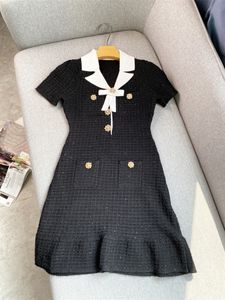 Spring Summer Black Panelled Ribbon Bow Knitted Dress Contrast Color Long Sleeve Notched-Lapel Sequins Knee-Length Casual Dresses J4A18B104