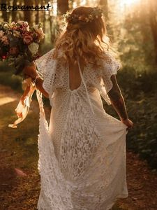 Country Bohemian Open Back Lace Mermaid Wedding Dresses V-Neck Batwing Sleeve Bridal Gowns