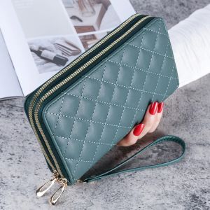 Clips 2023 Mode Lange Damen Clutch Wallets Weiches Ledergitter Doppel Reißverschluss Großer Handgelenksbeutel Handy Geldbeutel für Damen Bolsa