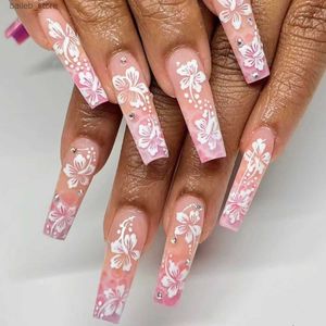 False unhas 24pcs caixões longos unhas falsas gradiente fosco arco -íris com design francês Wearable Fake Nails Pressione Butterfly Press