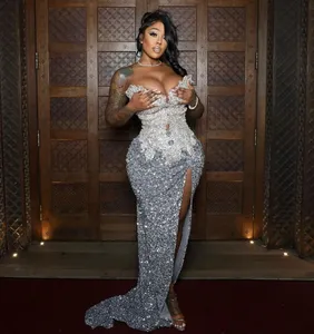 Silver Diamond Prom klänningar Luxury Black Girls paljetter Mermaid Long Birthday Outfit 2024 Sweetheart Vestidos de Gala