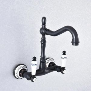 Kitchen Faucets Dual Handle Duals Hole Wall Mount Basin Faucet Oil Rubbed Bronze Sink Bathroom Vanity Cold Water Taps Dsf764