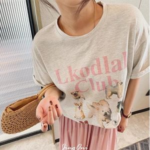 Camisetas femininas Clube de moda Clube de cachorro fofo Mulheres de algodão puro de verão solto de manga curta tops cinza branco estilo coreano