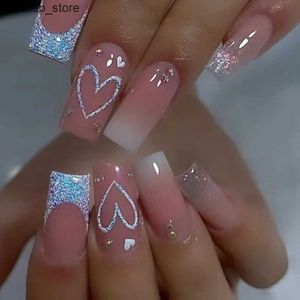 False Nails 24Pcs Pink Glitter False Nails White Gradient Long Ballet with Heart French Design Wearable Fake Nails Press on Nails Tips Art Y240419 Y240419