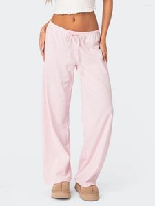 Calça feminina feminina listrada pijama primavera outono cintura elástica amarre-up solto calça de lounge