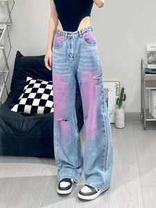 Jeans femininos pintaram orifícios de design roxo de jeans estilos finos de rua americanos calças casuais americanas fêmeas na cintura alta calça solta