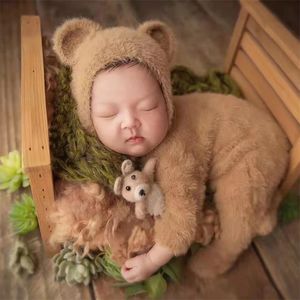 Furry Baby Bear Rompers Footed Jumpsuit Hat 2st Set Mink Hair Infant Boy Girl Pography Clothing Costumes Po Props 240409