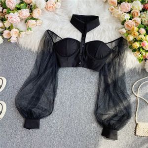 Sonbahar Seksi Kırpılmış Üstler Kadınlar için Omuz Dışı Mesh Patchwork Sheer Dişi Korse Top Bayanlar Yular Sıska Bluzlar Damla 240416