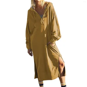 Casual Dresses Women's Hoodies Dress 2024 Fall Long Sleeve Drawstring Sweatshirts Oversized Solid Color Side Slit Hooded Mid