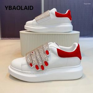 Casual Shoes Glitter Crystal Finger Decor Women Sneakers Shoe Round Toe Thick Bottomed Small White Fashion Genuine Leather