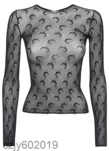 月の印刷された透明なメッシュTシャツセクシーな女性oネック長袖スリムな基本的なカジュアルな女性トップスプリング