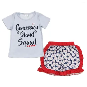 Kläder set grossist baby flicka baseball sommaruppsättning game boll grå korta ärmar tee skjorta småbarn barn ruffle shorts barn outfit