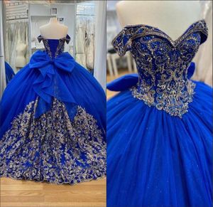 Sparkly Royal Blue Prom Dresses 8th Grade 2023 Beading Crystal Gold Floral Lace Applique Aline Quinceanera Dress Sweet 15 Formal 4289972