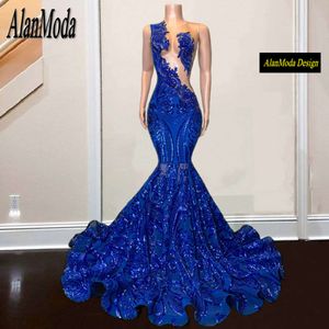 Sparkly Designer 2024 Royal Blue Mermaid Prom Lantejous Miços Restro de Strass Vestidos de Fiesta
