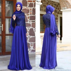 Kraliyet mavi balo elbiseleri uzun kollu seksi seksi dantel kat uzunluğu Müslüman düğün elbiseler Dubai Kaftan Arap Partisi Akşam Elbise CH3436370