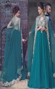 ゴージャスな2018 Teal Tulle Arabic Dresses The Pretty Lace Aptliques High Collar LapsフォーマルガウンカスタムメイドEN100786706562