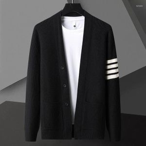 Mens Sweaters Yüksek en örme hırka bahar ve sonbahar Kore moda dört bar v yaka gündelik şal düz renk kazak ceket damlası del dhxgh