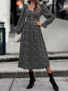 Casual Dresses Ficusrong Women Autumn Winter Fashion Long Sleeve Print Elegant V-Neck Chiffon A-Line Mid-Calf High midjeklänning