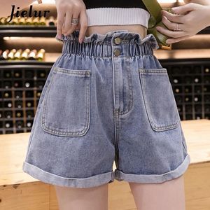 Kvinnors jeans manschetterade denimshorts för kvinnor casual knapp lösa fickor Kvinnor Hög midja Kvinna Blue S-5XL Size Summer