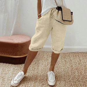 Calça feminina linho de algodão casual para mulheres Soldes de tamanho grande de tamanho largo shorts de pernas largas