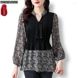 Frauenblusen L-5xl 2024 niedliche Fliege Tops Frauen Basic Office Lady Long Sleeve Retro Vintage Floral Print Rüfeln Peplum Shirts