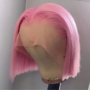 Syntetiskt hår spets front kort bob silkeslen rak peruk rosa bob färg stil syntetisk spets front peruk värme fiber hår