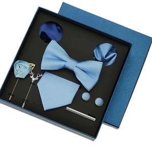 Fashion Necktie Set Blue Mens Tie Handkerchief Cufflinks Clip Pin Box Suits For Men Wedding Gift Shirt Silk Tie Men Accessories 240412