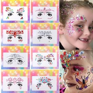 Adesivos de rosto de maquiagem de crianças coloridas Diamantes Crystal Gemtones Girl Holida Glitter Party Party Auto Adesivo Tattoos 240418