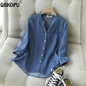 Kvinnors blusar sommar tre kvart ärm denim skjorta överdimensionerad 4xl v-hals avslappnad tunn kort bluas koreanska mode jean toppar