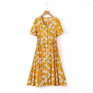 Casual Dresses Spring And Summer Short Sleeve A-Line Beach Vintage Floral Print Ruffle Party Dress Women V Neck Lace-up Bealted Mini