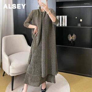 Arbetsklänningar Alsey Miyake veckade tvådelar 2024 Fall Casual Gradient Loose Tunic Korean Style Simple Undergirt Kirt Set