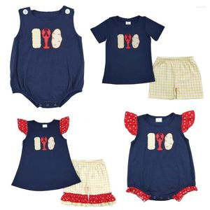 Roupas Conjuntos de roupas Baby menina menina curta Bordado de bordado de lagostins marinho de túnica azul shorts xadrez