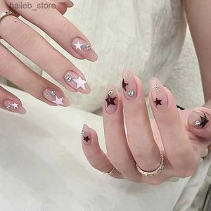 False Nails 24st Pink Star False Nails Patch Y2K Style Rhinestone Design Almond Artificial Nail Tips Wearable Press On Nail Tips for Girls Y240419
