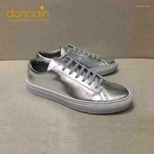 Sapatos casuais Donnain 2024 Lace Up Flat For Women Silver Genuine Leather Handmade Sneakers Menwomen