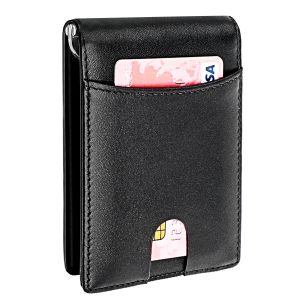 Wallets New Anti RFID Men Genuine Leather Money Clip Wallet Bifold Brand Male Purse Billfold ID Card Case Cash Holder With A Metal Clamp