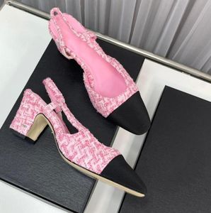 Damskie sukienki buty grube obcasy 6 cm Tweed Classic Pink Denim Slingbacks Sandały Square Stopa Slip na butach ślubnych Retro Lad4154862