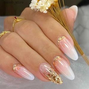 False Nails 24st Gold French Almond False Nails Grandient Glitter Wearable Nails Simple Full Cover Press On Nails Tips Artificial Y2404190N4E