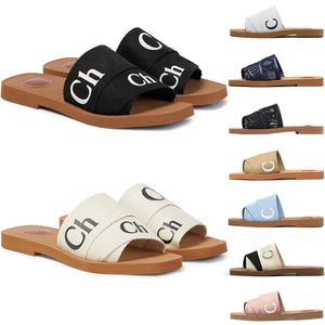 2024 Designer Woody Sandals for Women Mules Flat Slides Light Tan Beige White Black Pink Lace Lettering Tyg Canvas Slippers Womens Summer Outdoor Shoes