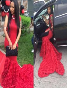 African Evening Prom Dresses 2019 New Red Mermaid 3D Flower Backless Chapel Train Long Party Dress Plus Size9840741