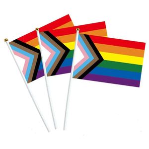 Bandeira 14x21cm Gay Pride Stick Transgênero Lesbian Rainbows Banner Bandeiras LGBT Rainbow com bandeiras de mão BANGERS TH0333 S POLE